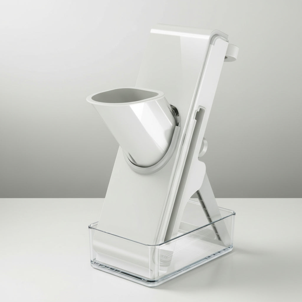 Mandoline verticale 3-en-1 inox avec boîte integrée