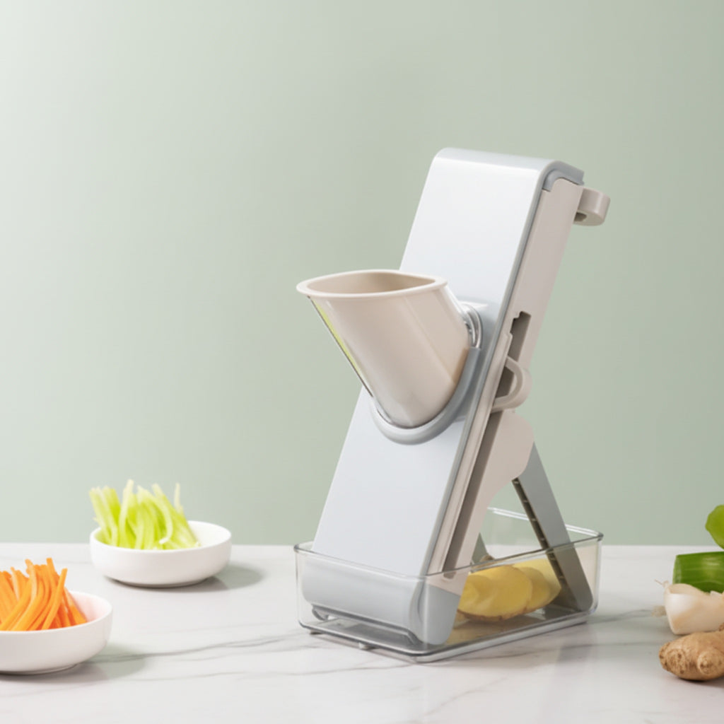 Mandoline verticale 3-en-1 inox avec boîte integrée
