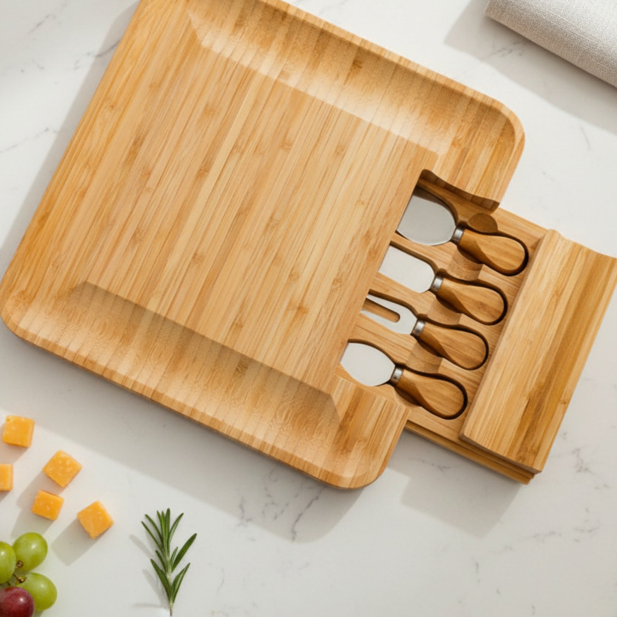 Planche à découper carrée avec tiroir à couteaux intégré