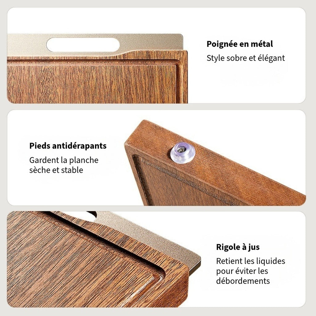 Planche à découper en bois massif avec poignée en métal